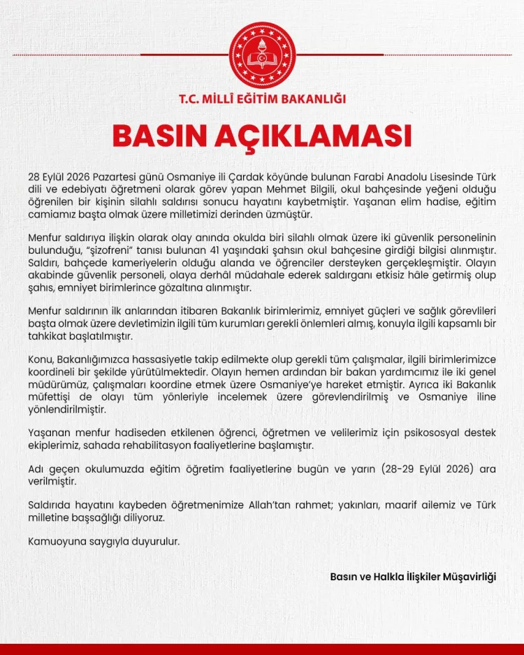 Osmaniye’de okul bahçesinde öğretmen silahlı saldırıda hayatını kaybetti! Eğitime 2 gün ara verildi
