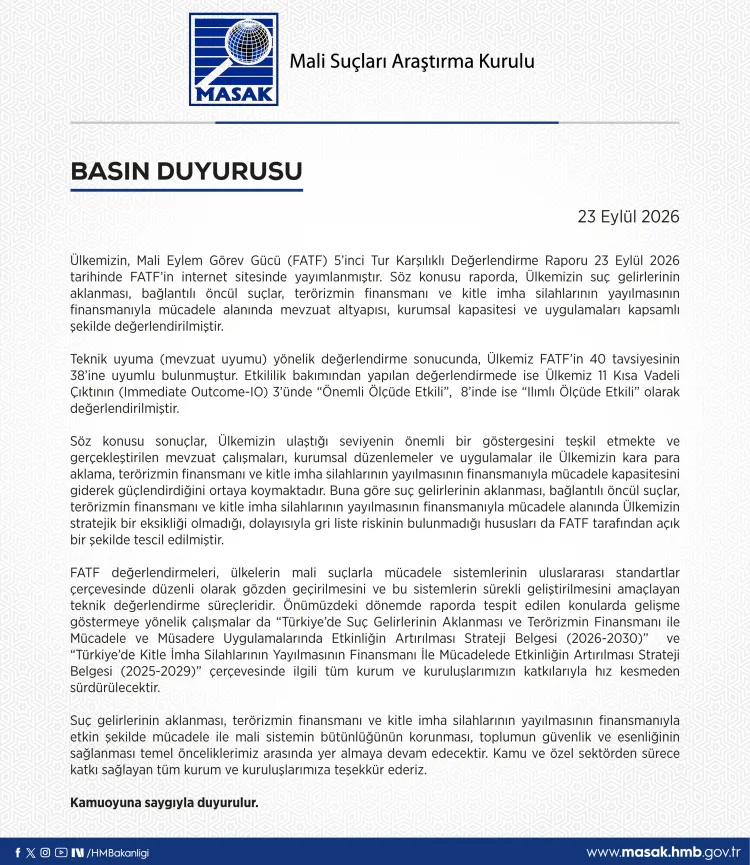 FATF raporu yayımlandı: Türkiye 40 tavsiyenin 38’inde uyumlu bulundu