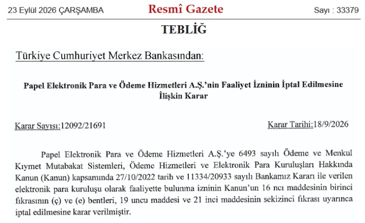 Papel'in Faaliyet İzni İptal mi Edildi? Merkez Bankası Kararı Resmi Gazete'de!