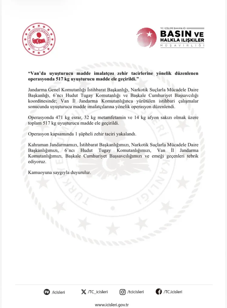 Van’da 517 kilogram uyuşturucu ele geçirildi