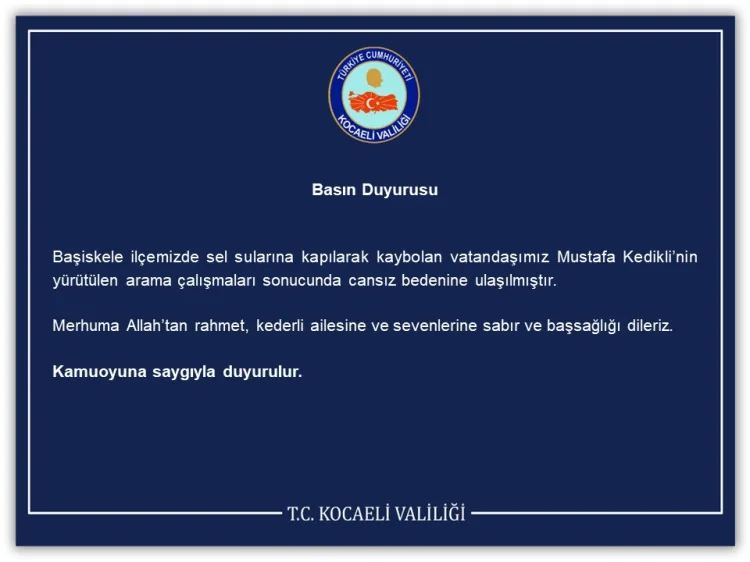 Kocaeli’den acı haber! Sel sularına kapılan Mustafa Kedikli hayatını kaybetti