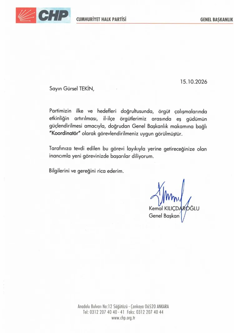 Kılıçdaroğlu’ndan Gürsel Tekin’e yeni görev