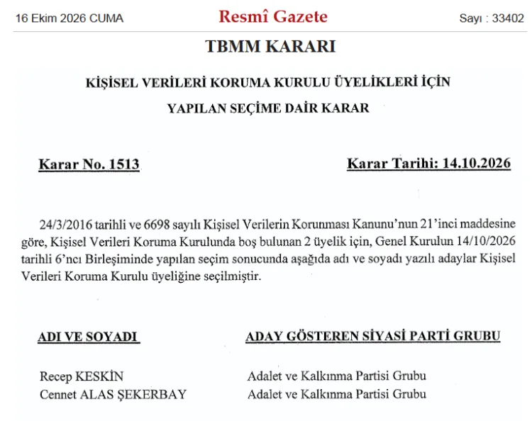 KVKK’nın Yeni Üyeleri Recep Keskin ve Cennet Alas Şekerbay Oldu