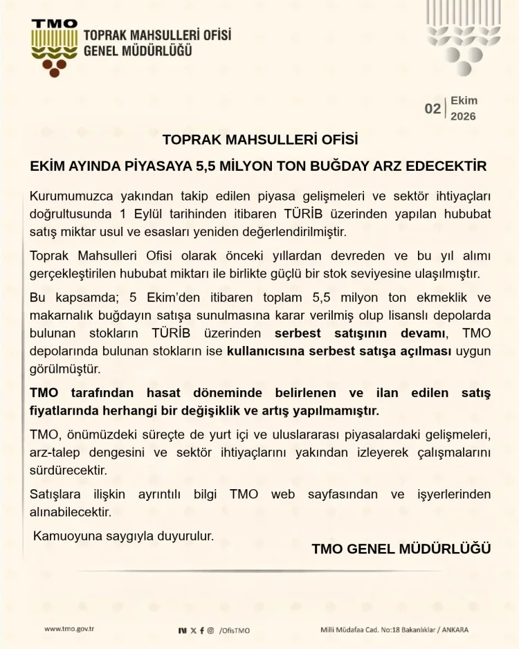 TMO bu ay piyasaya 5,5 milyon ton buğday sürecek
