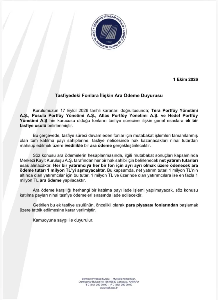 SPK, Tasfiye Sürecindeki Fonlar İçin Yeni Ödeme Usulünü Belirledi