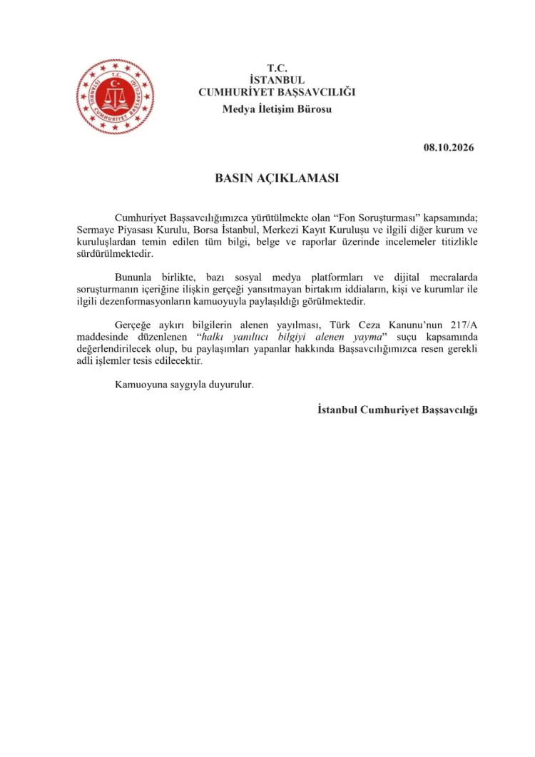 İstanbul Başsavcılığı’ndan “fon soruşturması” açıklaması... Gerçeğe aykırı paylaşımlara soruşturma uyarısı