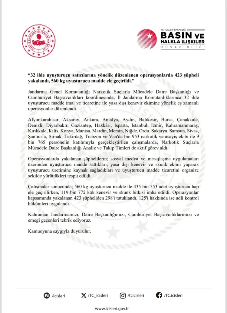 32 ilde yüzlerce kilo uyuşturucu ele geçirildi