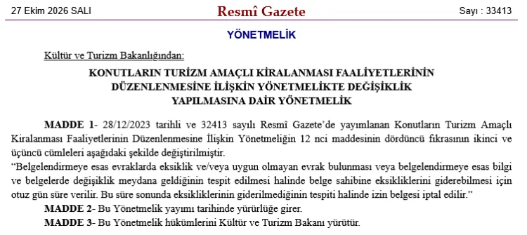 Turizm amaçlı ev sahiplerine 30 günlük süre... Eksiklik giderilmezse belge iptal!