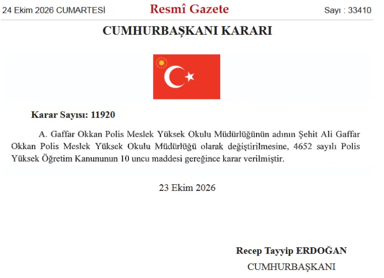 Şehit Ali Gaffar Okkan’ın adı 'Resmi' olarak değiştirildi