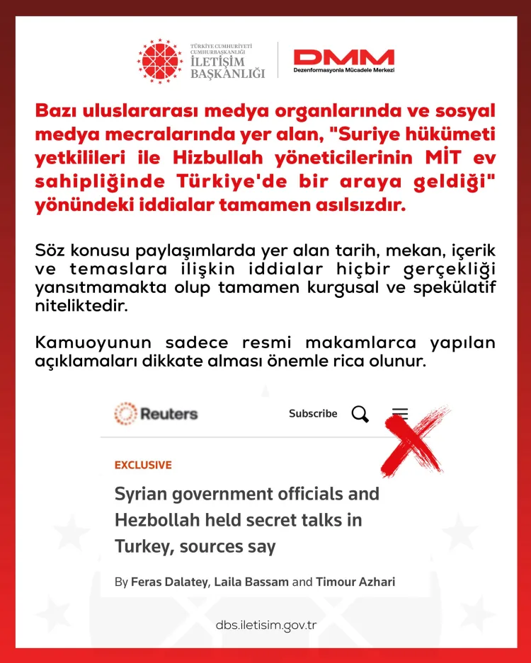 DMM'den 'MİT ev sahipliğinde Suriye-Hizbullah görüşmesi' iddiasına yalanlama