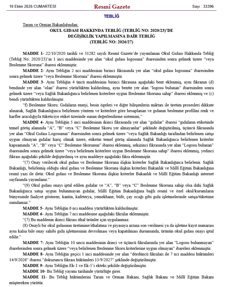 Okul kantinlerinde Beslenme Skoru uygulaması başlıyor