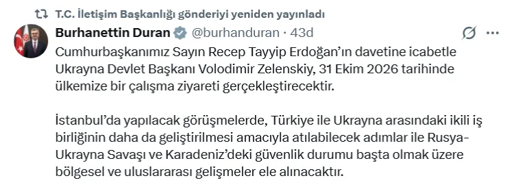 Ukrayna Devlet Başkanı Zelenskiy 31 Ekim’de Türkiye’ye geliyor